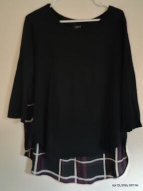Loft Outlet Black Layered Long-Sleeve Top with Plaid Hem